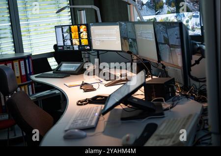 Hamburg, Germany. 14th Oct, 2024. View of a workstation during a visit by Hamburg's Senator of the Interior Grote to the modernized traffic control center at police headquarters. Credit: Jonas Walzberg/dpa/Alamy Live News Stock Photo