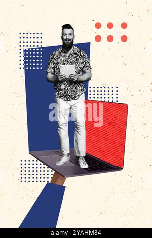 Composite trend artwork 3D sketch image collage of young man stand huge laptop keyboard monitor workspace office manager hold tablet Stock Photo