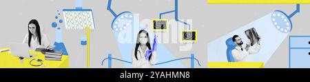 Medical workers multiple collage of doctors saving lives inspect pneumonia lungs xray or analyzing check up results isolated on gray background Stock Photo