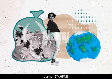 Composite trend artwork 3D sketch photo collage of silhouette young woman volunteer earth planet debris bag ecological disaster problem Stock Photo
