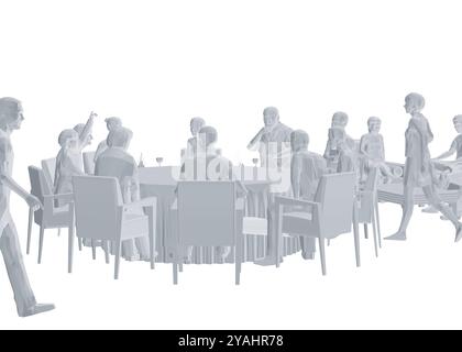Polygonal model of people sitting in restaurant on chairs and sofa isolated on white background. Restaurant interior. Perspective view. Vector illustr Stock Vector