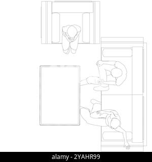 Outline of people sitting on sofa and chair at table. Top view. Vector illustration. Stock Vector