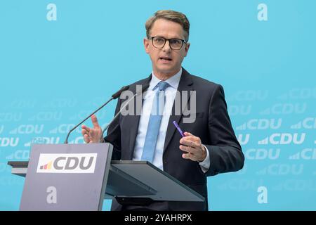 GER, Berlin, Pressekonferenz - Statements nach Bundesvorstandssitzung, mit dem Generalsekretaer der CDU Deutschlands Dr. Carsten Linnemann MdB und dem Mitgliederbeauftragten der CDU Deutschlands Philipp Amthor MdB im Bild v.l.: Dr. Carsten Linnemann CDU Deutschlands Klingelhoeferstraße 8 10785 Berlin, 14.10. 2024, *** GER, Berlin, Press conference statements after Federal Executive Committee meeting, with the Secretary General of the CDU Germany Dr Carsten Linnemann MdB and the Membership Representative of the CDU Germany Philipp Amthor MdB in the picture from l Dr Carsten Linnemann CDU German Stock Photo