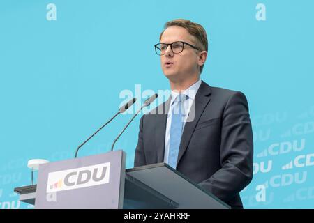 GER, Berlin, Pressekonferenz - Statements nach Bundesvorstandssitzung, mit dem Generalsekretaer der CDU Deutschlands Dr. Carsten Linnemann MdB und dem Mitgliederbeauftragten der CDU Deutschlands Philipp Amthor MdB im Bild v.l.: Dr. Carsten Linnemann CDU Deutschlands Klingelhoeferstraße 8 10785 Berlin, 14.10. 2024, *** GER, Berlin, Press conference statements after Federal Executive Committee meeting, with the Secretary General of the CDU Germany Dr Carsten Linnemann MdB and the Membership Representative of the CDU Germany Philipp Amthor MdB in the picture from l Dr Carsten Linnemann CDU German Stock Photo