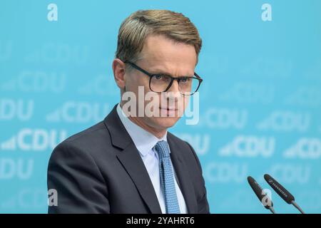 GER, Berlin, Pressekonferenz - Statements nach Bundesvorstandssitzung, mit dem Generalsekretaer der CDU Deutschlands Dr. Carsten Linnemann MdB und dem Mitgliederbeauftragten der CDU Deutschlands Philipp Amthor MdB im Bild v.l.: Dr. Carsten Linnemann CDU Deutschlands Klingelhoeferstraße 8 10785 Berlin, 14.10. 2024, *** GER, Berlin, Press conference statements after Federal Executive Committee meeting, with the Secretary General of the CDU Germany Dr Carsten Linnemann MdB and the Membership Representative of the CDU Germany Philipp Amthor MdB in the picture from l Dr Carsten Linnemann CDU German Stock Photo