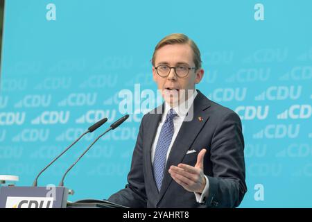 GER, Berlin, Pressekonferenz - Statements nach Bundesvorstandssitzung, mit dem Generalsekretaer der CDU Deutschlands Dr. Carsten Linnemann MdB und dem Mitgliederbeauftragten der CDU Deutschlands Philipp Amthor MdB im Bild v.l.: Philipp Amthor , CDU Deutschlands Klingelhoeferstraße 8 10785 Berlin, 14.10. 2024, *** GER, Berlin, Press conference statements after Federal Executive Committee meeting, with the Secretary General of the CDU Germany Dr. Carsten Linnemann MdB and the Membership Representative of the CDU Germany Philipp Amthor MdB in the picture from l Philipp Amthor , CDU Germany Klinge Stock Photo