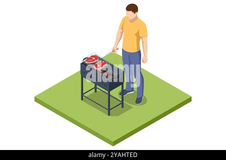 Isometric BBQ scene featuring a grill with various meats and vegetables cooking over an open flame. The setup captures the essence of outdoor barbecue Stock Vector