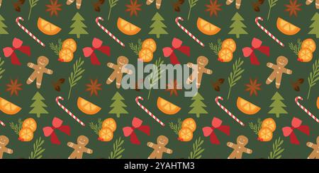 Seamless Christmas pattern gingerbread cookies, tree, candy canes, red Bow, Orange, Anise, Glove on Green background. Vector Flat Festive Illustration Stock Vector