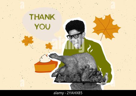 Composite photo collage of dissatisfied american man show tongue stinky roasted turkey pumpkin pie autumn isolated on painted background Stock Photo