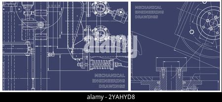 Blueprint illustration set. Mechanical engineering drawing. Engine line drawing background. Technical illustrations, backgrounds. Scheme, plan Stock Vector