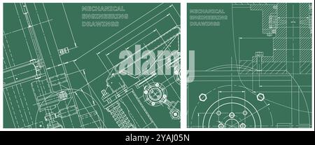 Blueprints set. Engine line drawing background. Mechanical engineering drawing. Technical illustrations, backgrounds. Scheme Stock Vector