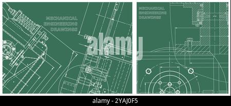 Blueprints set. Mechanical engineering drawing. Engine line drawing background. Technical illustrations Stock Vector
