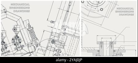 Blueprints set. Mechanical engineering drawing. Drawings of engine details and mechanisms. Technical illustrations, backgrounds. Scheme Stock Vector