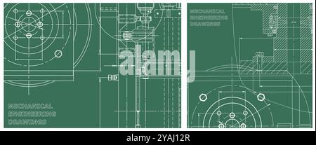 Blueprints set. Drawings of engine details and mechanisms. Mechanical engineering drawing. Technical illustrations, backgrounds. Scheme, plan, outline Stock Vector