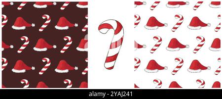 Christmas holidays. Set Seamless patterns in hand draw style. New Year's hats, candy cane. Can be used for fabric and etc Stock Vector