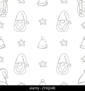 Christmas holidays. Coloring pattern in hand draw style. New Year's hats, gnomes, gifts. Can be used for fabric Stock Vector