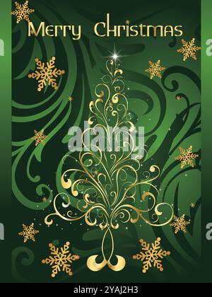 Merry christmas tree with gold leaves and snowflakes. The snowflakes are scattered all over the tree Stock Vector