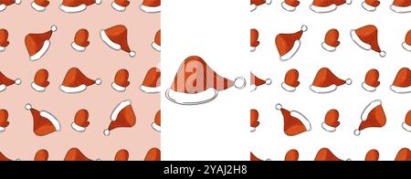 Christmas holidays. New Year's hats, mittens. Set Seamless patterns in hand draw style. Can be used for fabric, packaging and etc Stock Vector