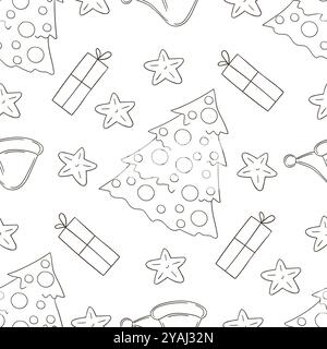 New Year holidays. Christmas tree, gifts, candies. Coloring pattern in hand draw style. Can be used for fabric Stock Vector