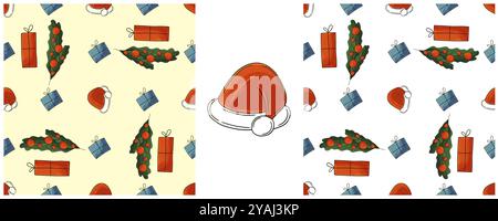 New Year greetings. Set Seamless patterns in hand draw style. Christmas hats. Can be used for fabric, packaging, wrapping and etc Stock Vector