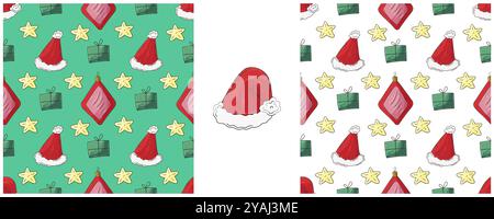 Christmas holidays. Set Seamless patterns in hand draw style. Christmas toys, hats, gifts. Can be used for fabric, packaging and etc Stock Vector