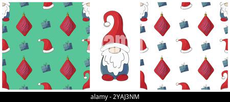 New Year holidays. Set Seamless patterns in hand draw style. Christmas gnomes, toys. Can be used for fabric, packaging, wrapping and etc Stock Vector