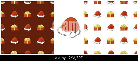 Christmas. New Year's hats, gifts. Set Seamless patterns in hand draw style. Can be used for fabric Stock Vector