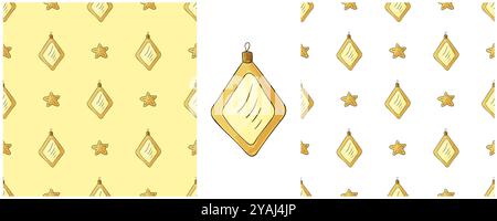 New Year holidays. Set Seamless patterns in hand draw style. Christmas tree toys. Can be used for fabric, packaging and etc Stock Vector