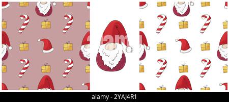 Christmas holidays. Set Seamless patterns in hand draw style. New Year's hats, gnomes. Can be used for fabric, packaging and etc Stock Vector