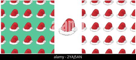 Christmas. Set Seamless patterns in hand draw style. New Year hats. Can be used for fabric, packaging, wrapping and etc Stock Vector