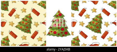 New Year holidays. Christmas tree, gifts, candies. Set Seamless patterns in hand draw style. Can be used for fabric Stock Vector