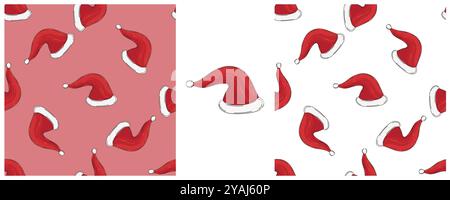 Set Christmas backgrounds. New Year hats. Seamless pattern in hand draw style. Can be used for fabric and etc Stock Vector