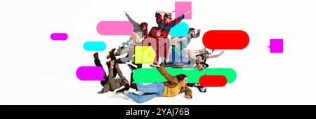 Chaos in action. Group of people rushing forward, surrounded by multicolored speech bubbles. Great offers. Creative colorful collage. Stock Photo