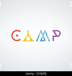 simple logo camp typography. pretty colors nice letters with tent and mountains. Stock Vector