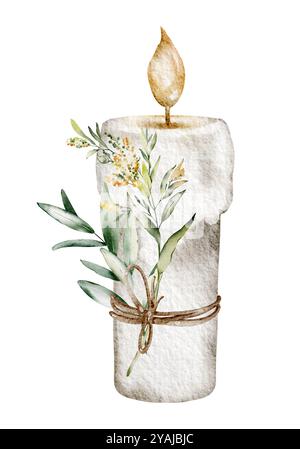 Watercolor illustration Candle with a sprig of green plant Stock Photo