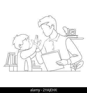 Single continuous line drawing of young dad giving high five gesture to son for success school achievement, parenthood time. Stock Vector