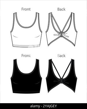 Vector sport bra technical drawing, women crop tank top with shoulder straps and bow detail fashion CAD, template, sketch, flat. Jersey fabric t shirt Stock Vector