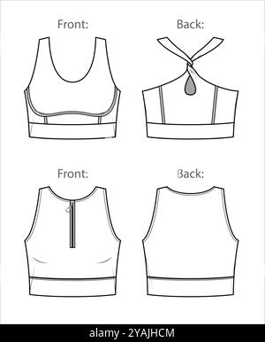 Vector 2 pieces sport bra fashion CAD, woman lounge or yoga crop top technical drawing, fitness 2 pieces set fashion flat with zipper detail, sketch, Stock Vector