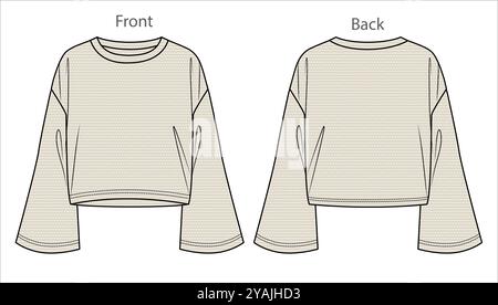 Vector long sleeved oversized top fashion CAD, woman boxy shape round neck with bell sleeves sweatshirt technical drawing, template, mock up, flat. Me Stock Vector