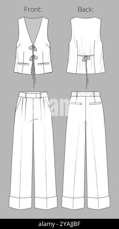 Vector wide leg pants and vest technical drawing, tailor palazzo trousers with front pockets and sleeveless blouse fashion CAD, sketch, template. Wove Stock Vector