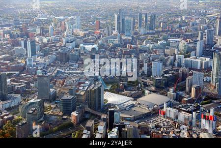 aerial view of Manchester city centre, looking down Cross Street and Deansgate from Victoria Station to the Skyscrapers, incl AO Arena & Angel Square Stock Photo