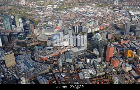 aerial view of the NOMA & Shudehill area of Manchester city centre, including Vicgtoria Station, AO Arena, Shudehill Bus Station, Printworks etc Stock Photo