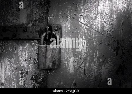 Old rusty lock on metal doors. Lock on the door with an empty place for an inscription Stock Photo