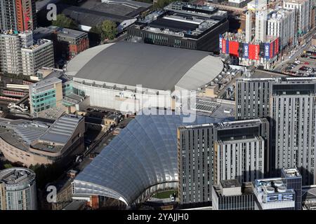 Aerial view of the Manchester AO Arena with Manchester Victoria Station in front. Also in view: Stoller Hall & the New Victoria apartment complex Stock Photo