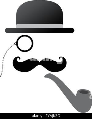 Silhouette of hat, monocle, mustache and pipe white background Stock Vector