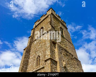 View looking up at the tower of St Michael's Church on Glastonbury Tor in summer Somerset England UK Stock Photo