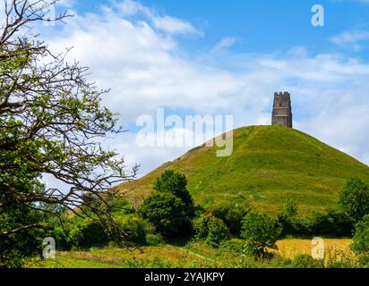 The tower of St Michael's Church on Glastonbury Tor in summer Somerset England UK Stock Photo