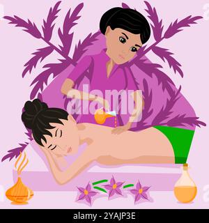 Aromatherapy massage. Therapy and treatment by professional therapist in SPA. Isolated flat vector illustration. Indian and Asian ethnicity. Stock Vector