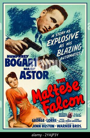 MALTESE FALCON starring Humphrey Bogart & Mary Astor The theatrical poster for the 1941 film 'The Maltese Falcon' is an iconic piece of cinema history, representing the classic film noir genre. Directed by John Huston, this adaptation is based on Dashiell Hammett's 1930 novel of the same name and is noted for its sharp dialogue, intricate plot, and memorable characters. Stock Photo