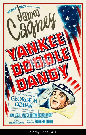 Theatrical poster for the American release of the 1942 film Yankee Doodle Dandy. Starring James Cagney Date 1942. Yankee Doodle Dandy is a 1942 American biographical musical drama film about George M. Cohan, known as 'The Man Who Owned Broadway'.[2] It stars James Cagney, Joan Leslie, Walter Huston, and Richard Whorf, and features Irene Manning, George Tobias, Rosemary DeCamp, Jeanne Cagney, and Vera Lewis. The film was written by Robert Buckner and Edmund Joseph, and directed by Michael Curtiz Stock Photo